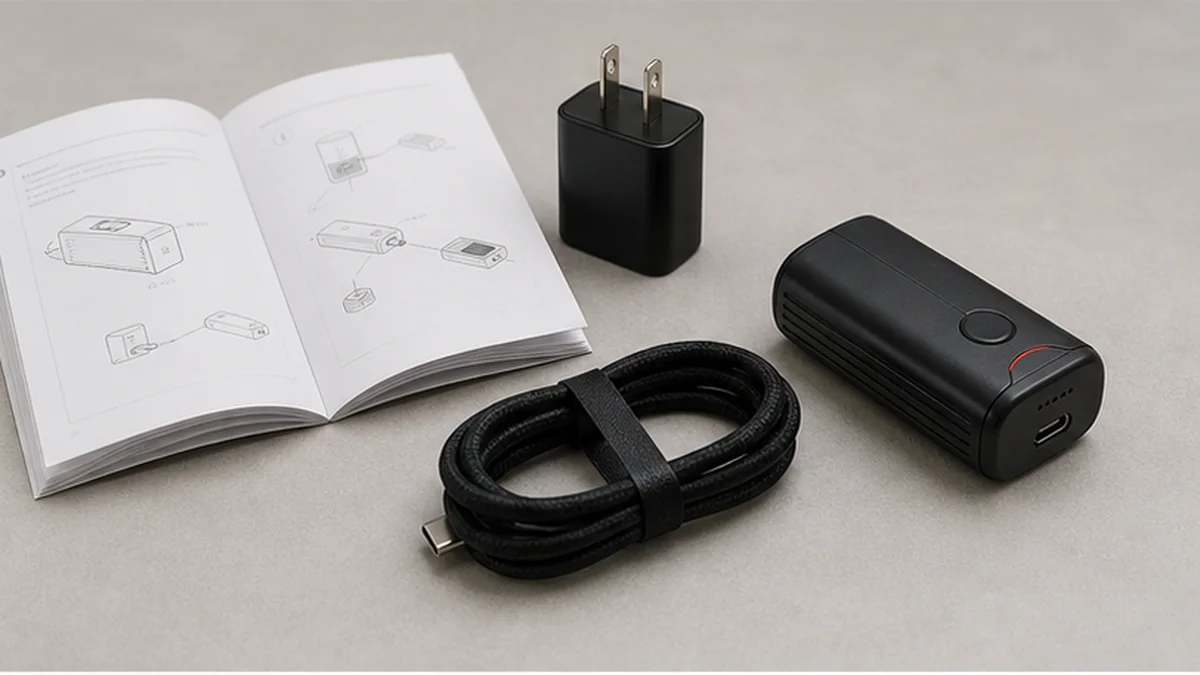 Device, charging cable and product manual on a table
