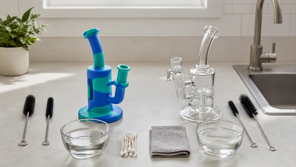 Silicone and glass rigs arranged with separate cleaning tools Silicone and glass rigs arranged with separate cleaning tools