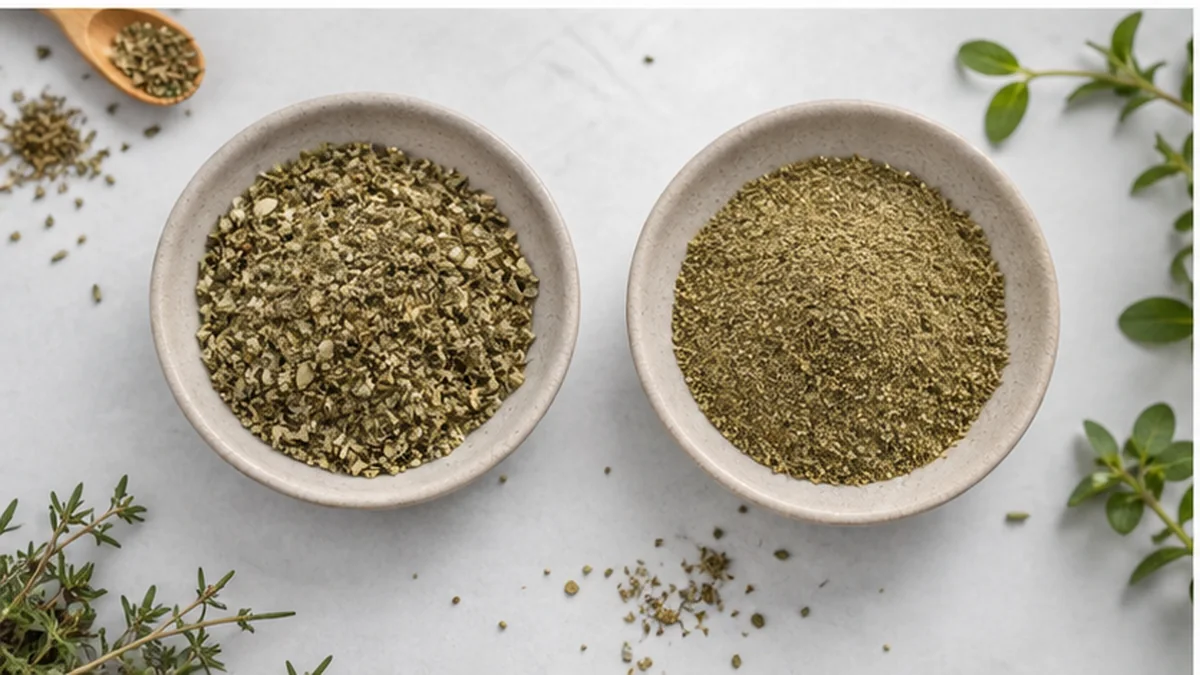 Coarse and fine dried-herb textures in separate bowls