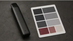 Unbranded vape hardware beside neutral finish swatches