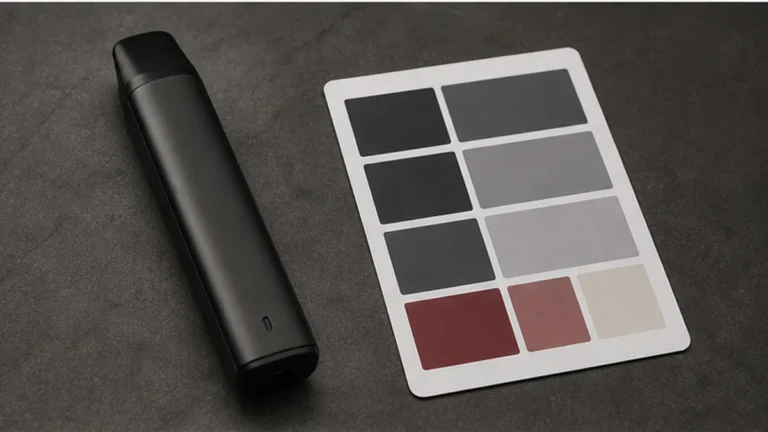 Unbranded vape hardware beside neutral finish swatches