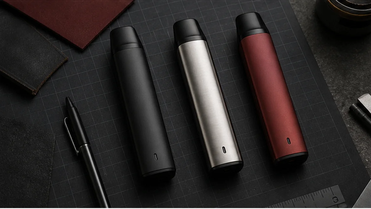 Three vape hardware finish samples on a design workbench