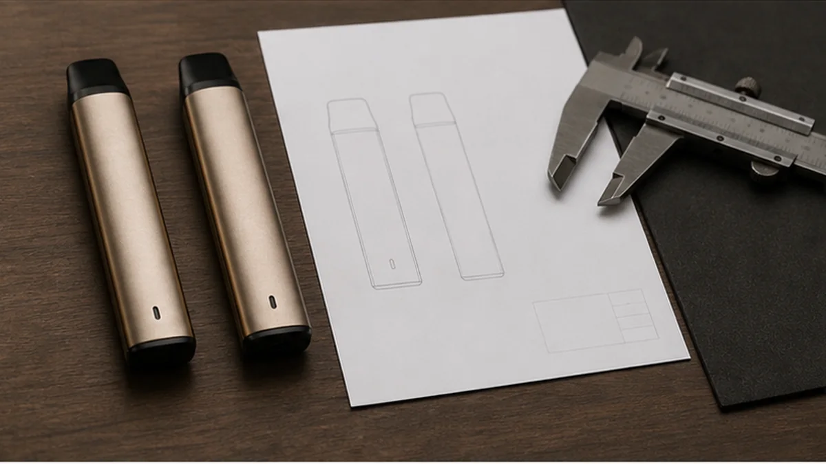 Two matching sample devices beside a blank specification sheet