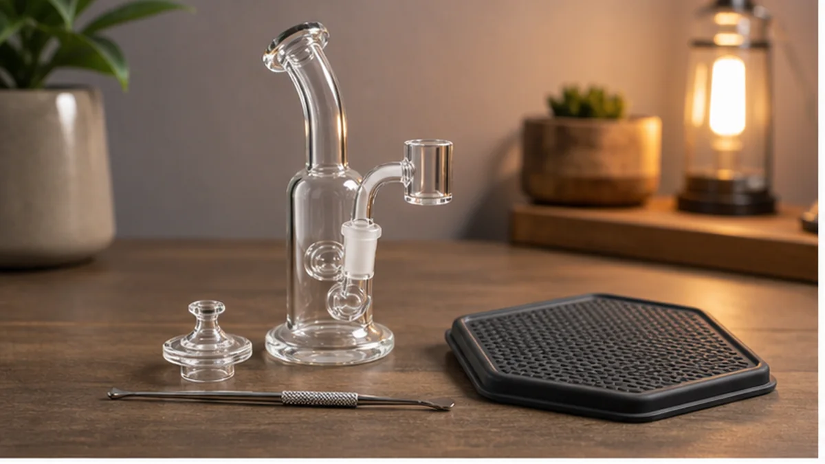 Essential dab rig accessories arranged beside a glass rig