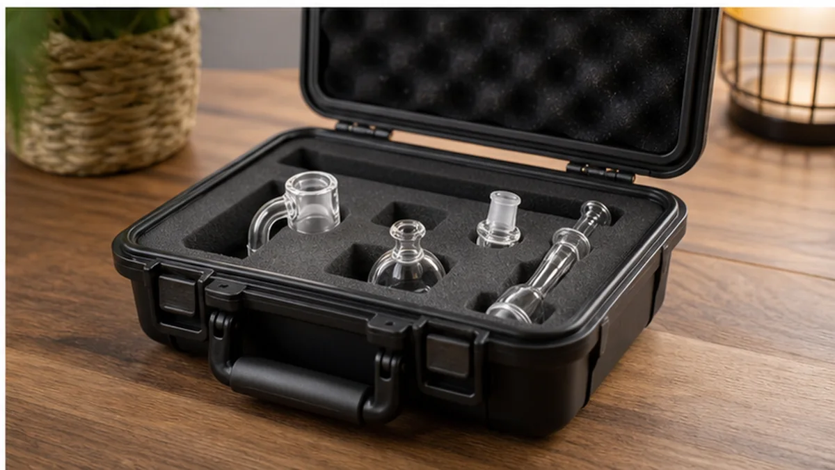 Padded protective case separating dab rig glass and accessories
