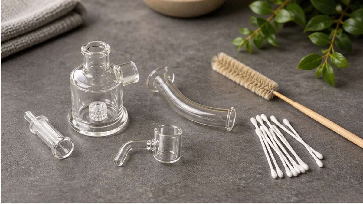 Removable glass dab rig parts beside cleaning tools Removable glass dab rig parts beside cleaning tools