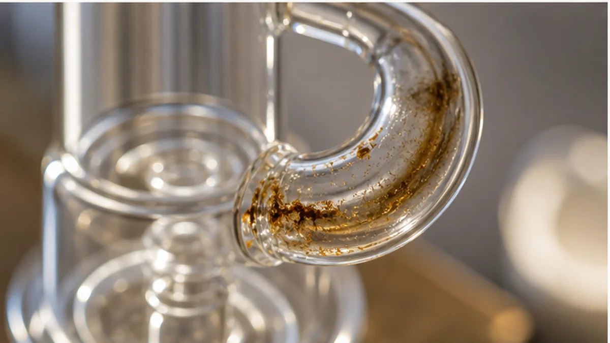 Residue visible inside a curved glass passage Residue visible inside a curved glass passage
