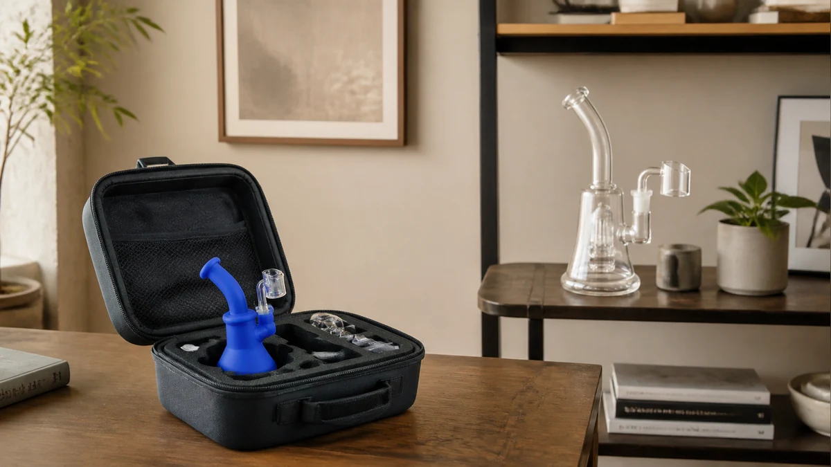 Silicone rig in a travel case with a glass rig on a home shelf Silicone rig in a travel case with a glass rig on a home shelf