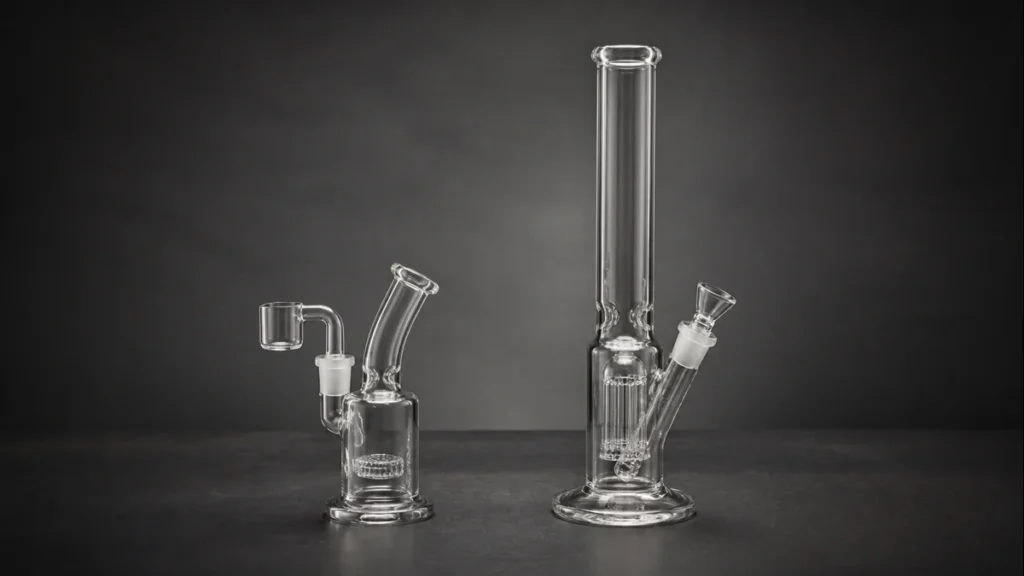 Complete compact dab rig and taller bong shown side by side