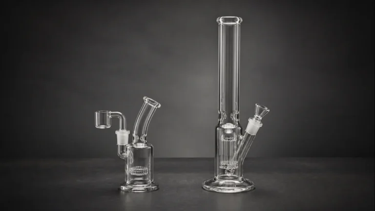 Complete compact dab rig and taller bong shown side by side