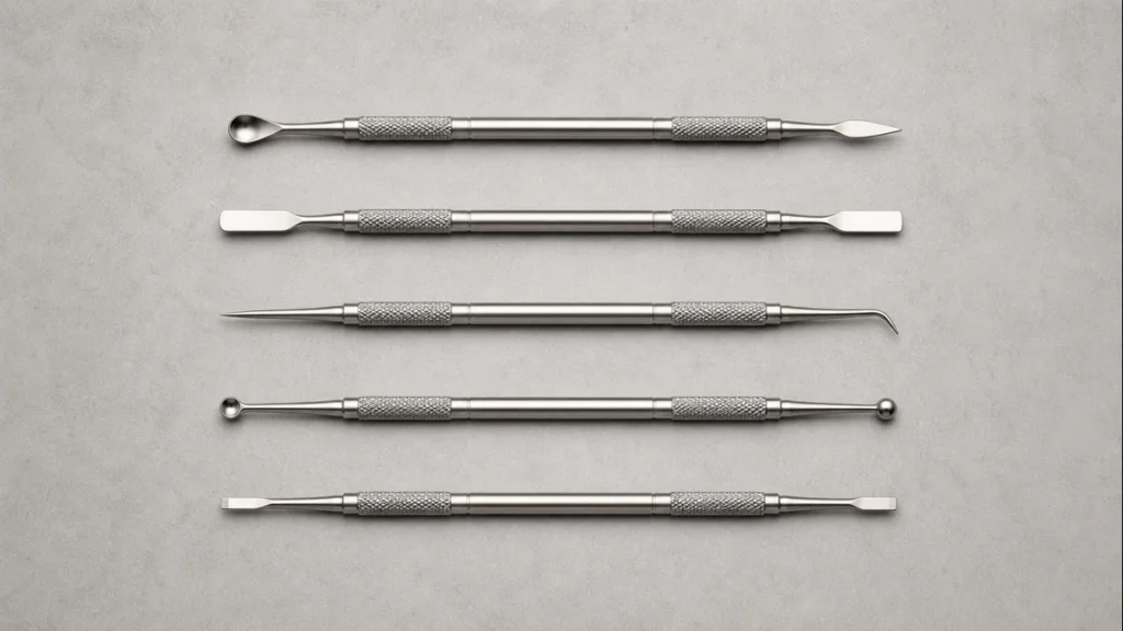 Five complete metal dab tools with different tip shapes