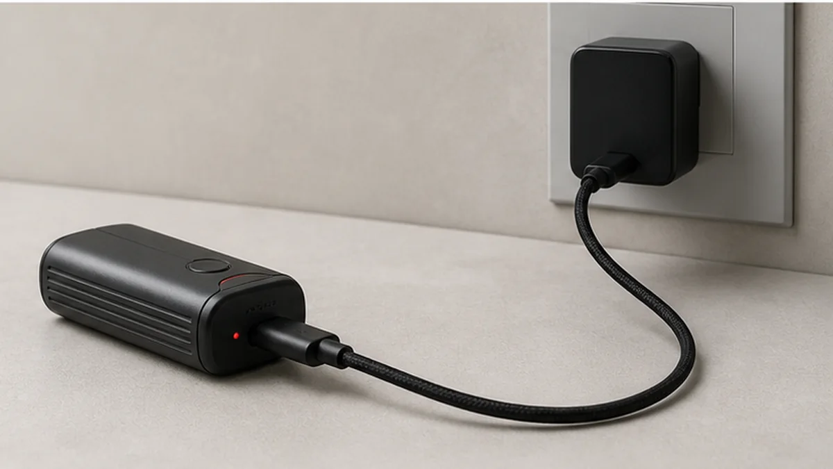 Vaporizer resting on a table while connected to its charger