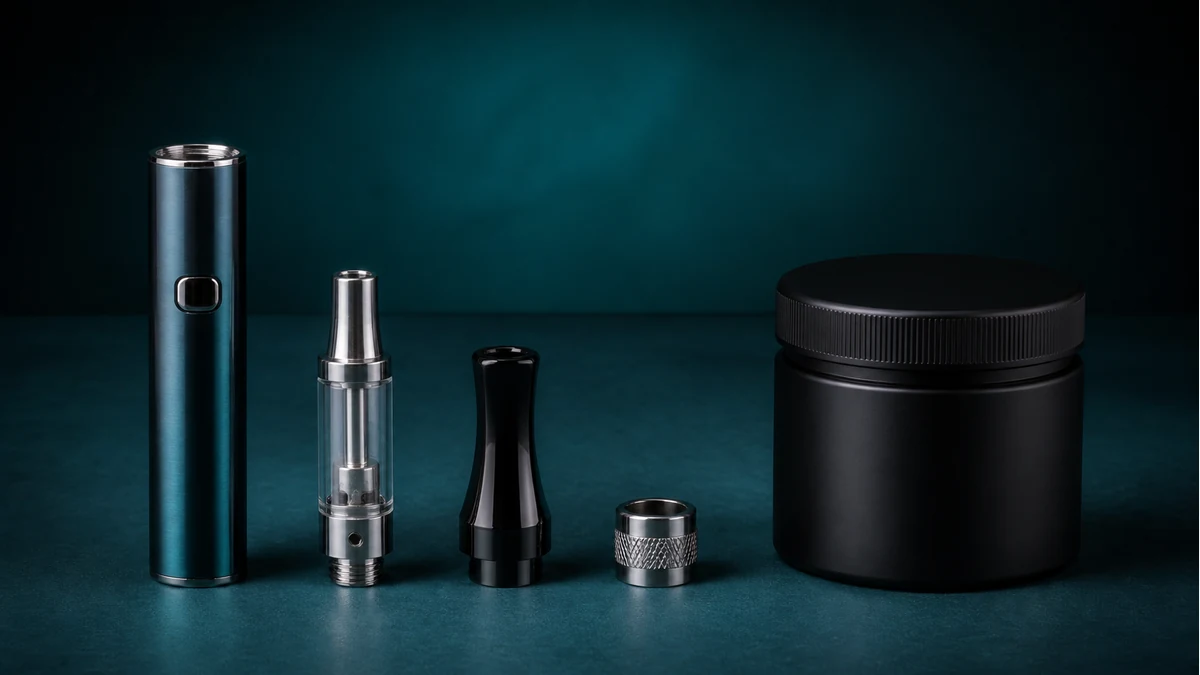 Dab pen chamber mouthpiece and concentrate container shown separately
