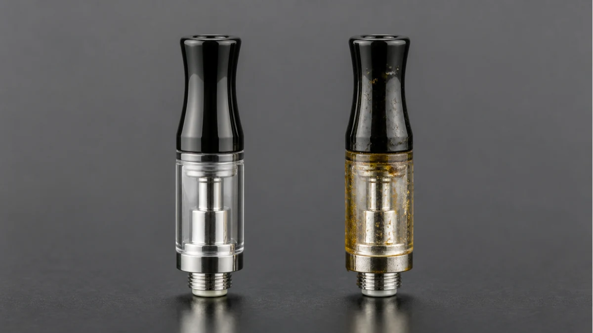 Clean and residue-coated dab pen mouthpieces compared