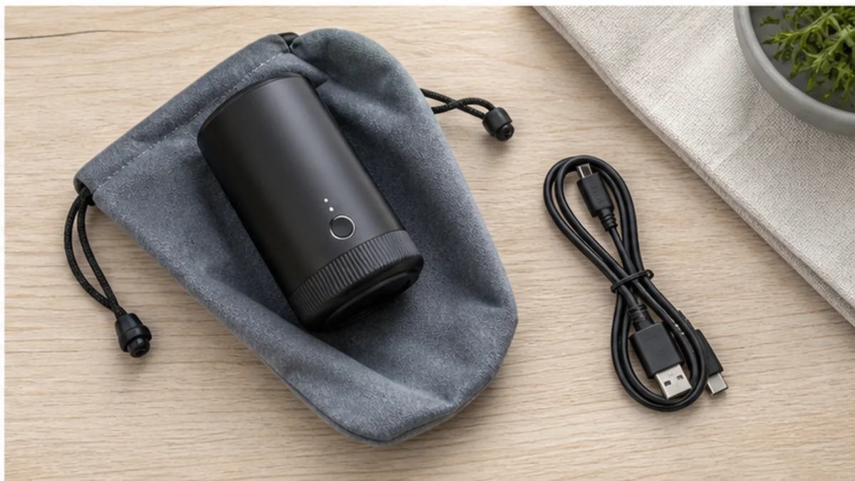 Electric grinder stored beside its charging cable