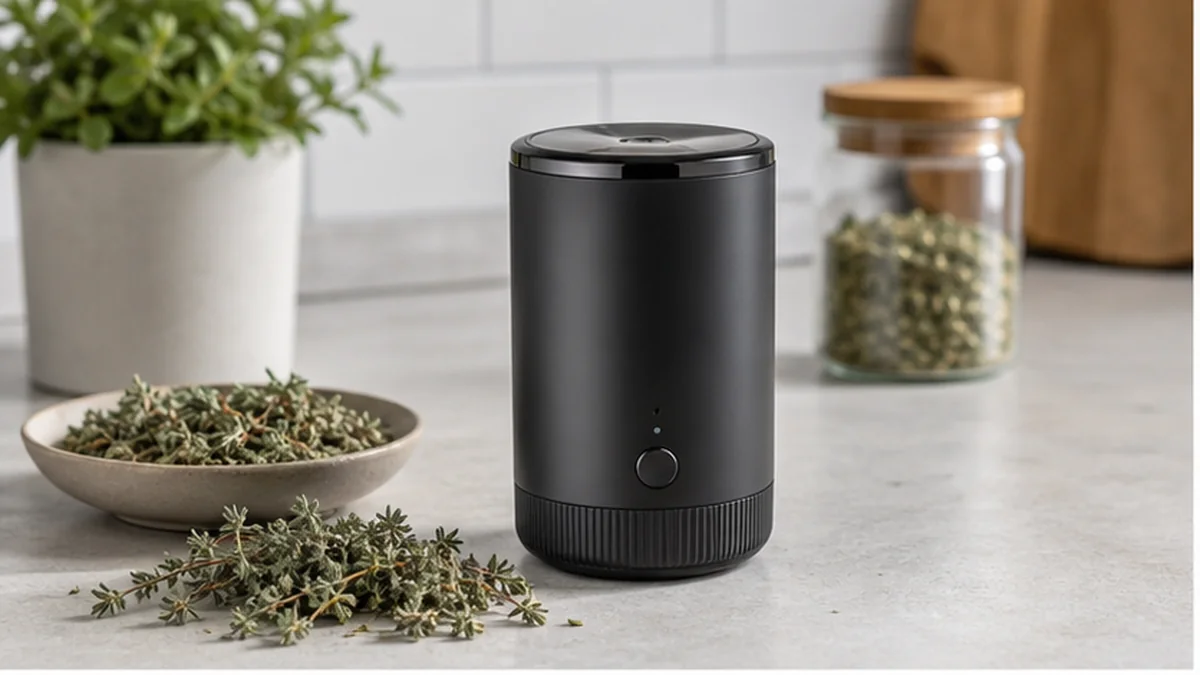 Electric grinder beside dried culinary herbs