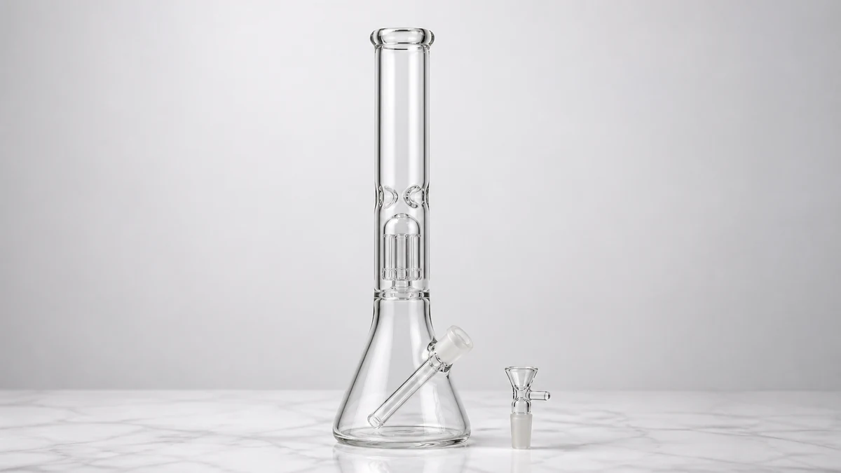 Full-size glass bong with removable bowl beside it