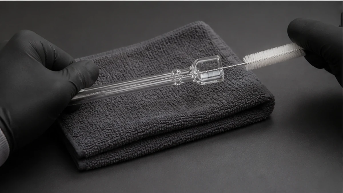 cooled glass straw being cleaned over padded towel