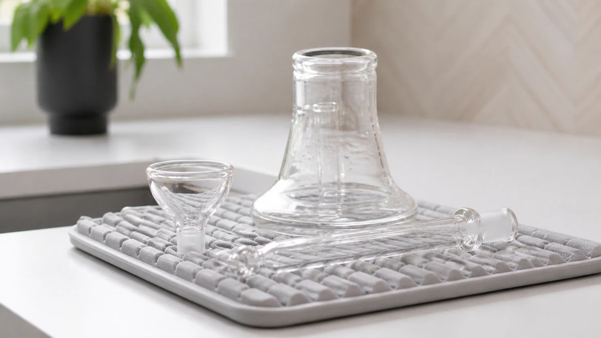 Clean glass water-piece parts drying on a padded rack