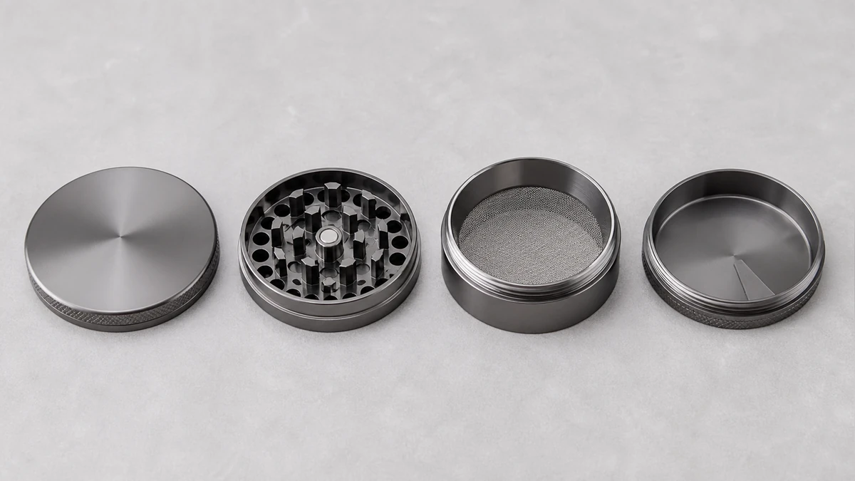 Complete four-piece grinder displayed as separated components