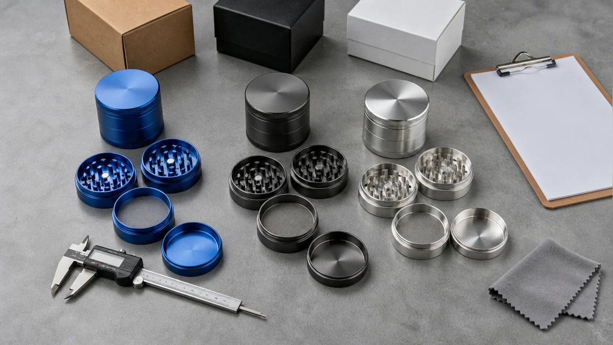 Unbranded grinder samples arranged for supplier inspection