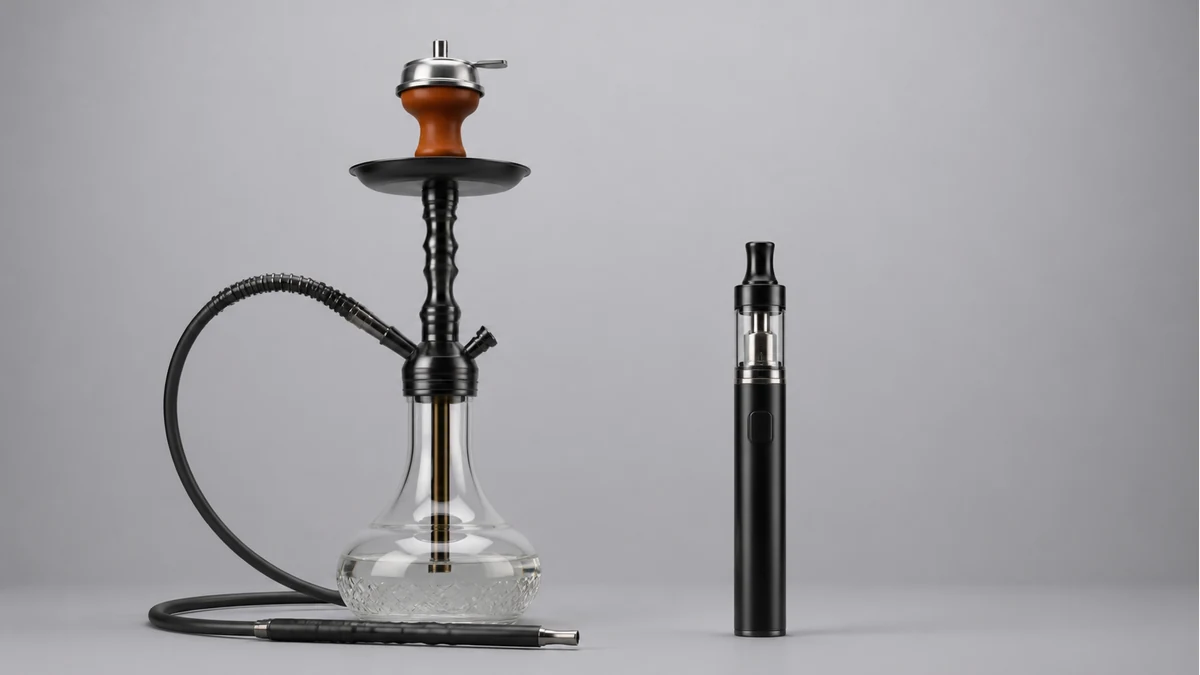 Traditional hookah water base stem bowl and hose contrasted with electronic pen Traditional hookah water base stem bowl and hose contrasted with electronic pen