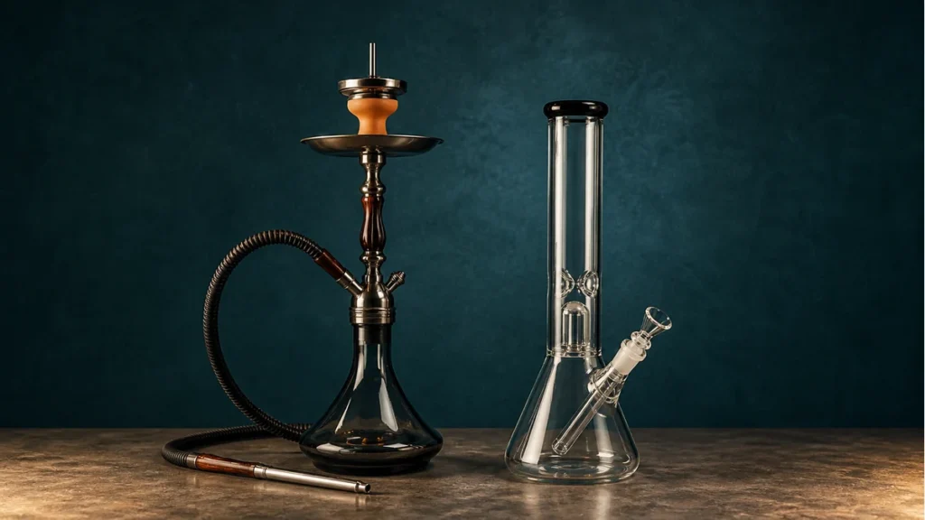 Traditional hookah and glass bong shown side by side in full profile