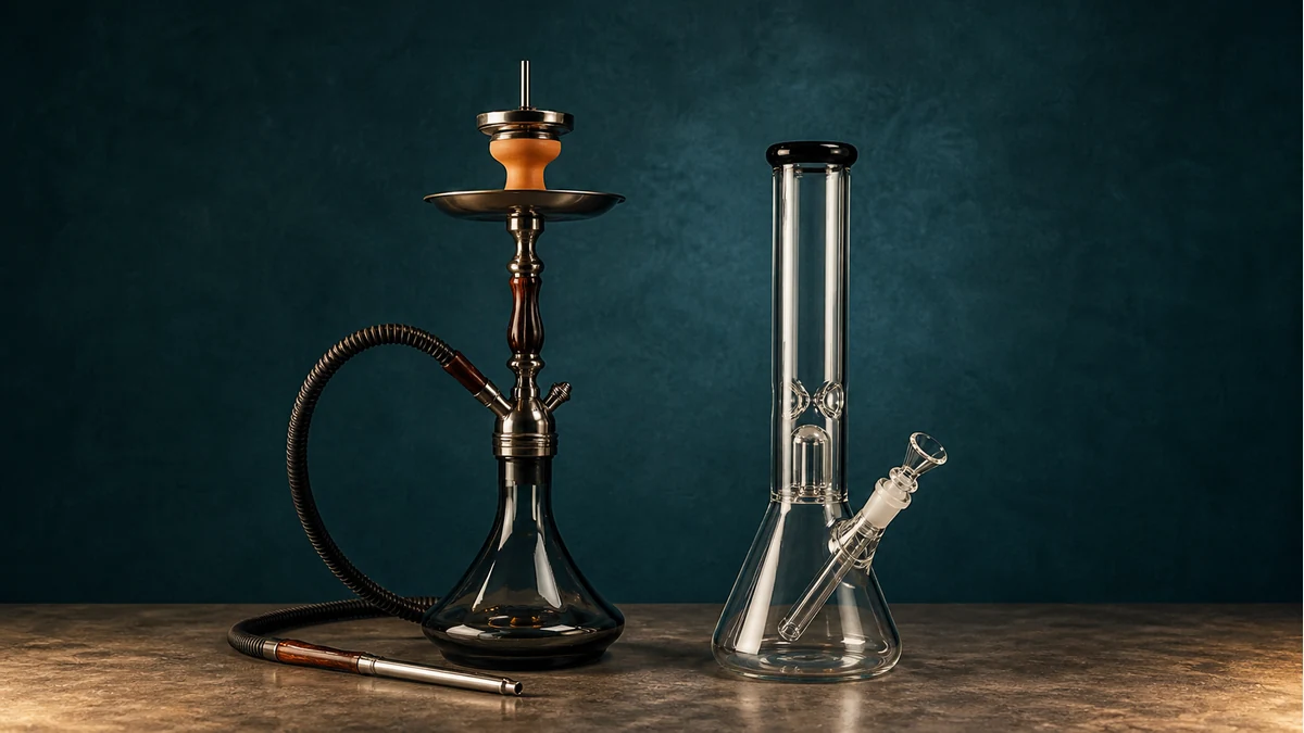 Traditional hookah and glass bong shown side by side in full profile