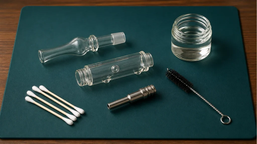 Nectar collector disassembled on a cleaning mat with all parts fully visible