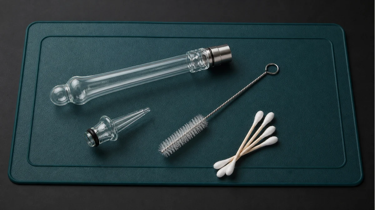 Glass body and removable tip cleaned separately with safe clearance around each part
