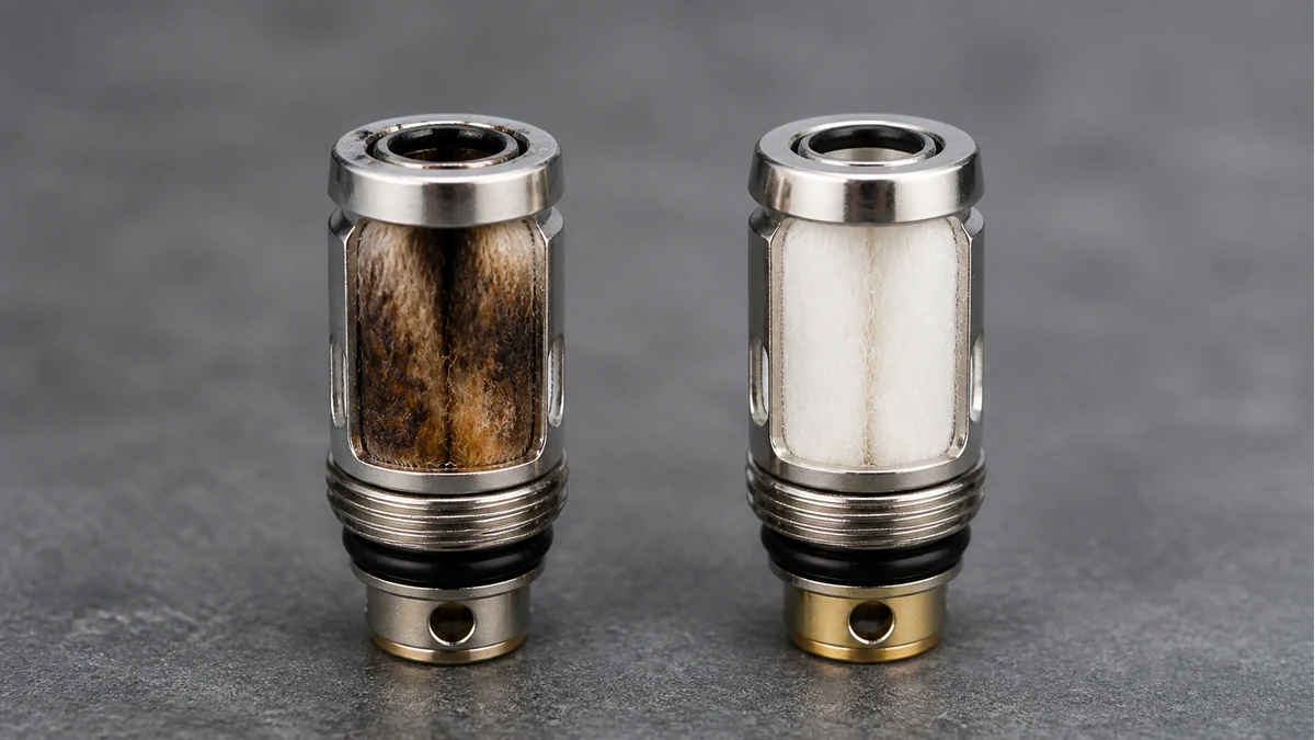 Sealed coil head with burnt cotton marked for replacement