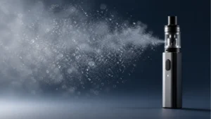 Visible vape aerosol cloud illustrated as suspended droplets rather than steam