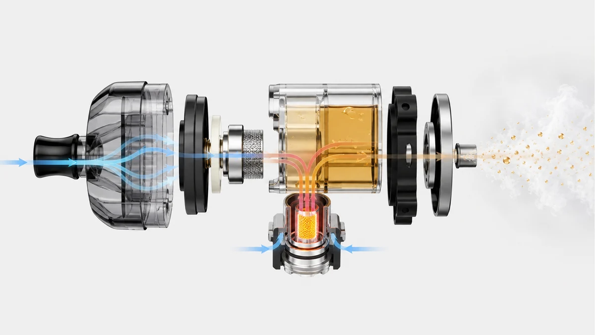 E-liquid heater airflow and aerosol droplets shown in a clean sequence E-liquid heater airflow and aerosol droplets shown in a clean sequence