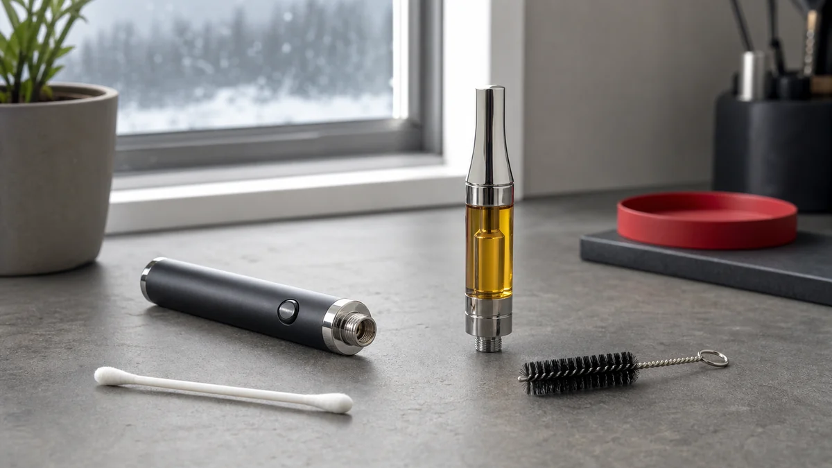 Live resin cartridge troubleshooting setup with battery and cleaning tools