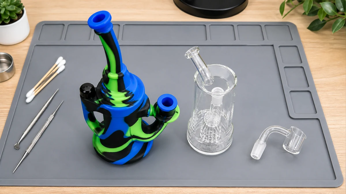 A silicone rig with removable glass and quartz components A silicone rig with removable glass and quartz components