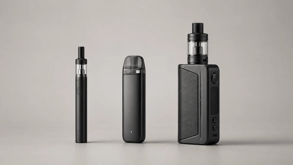 Pen, pod and regulated vape mod shown as three device formats