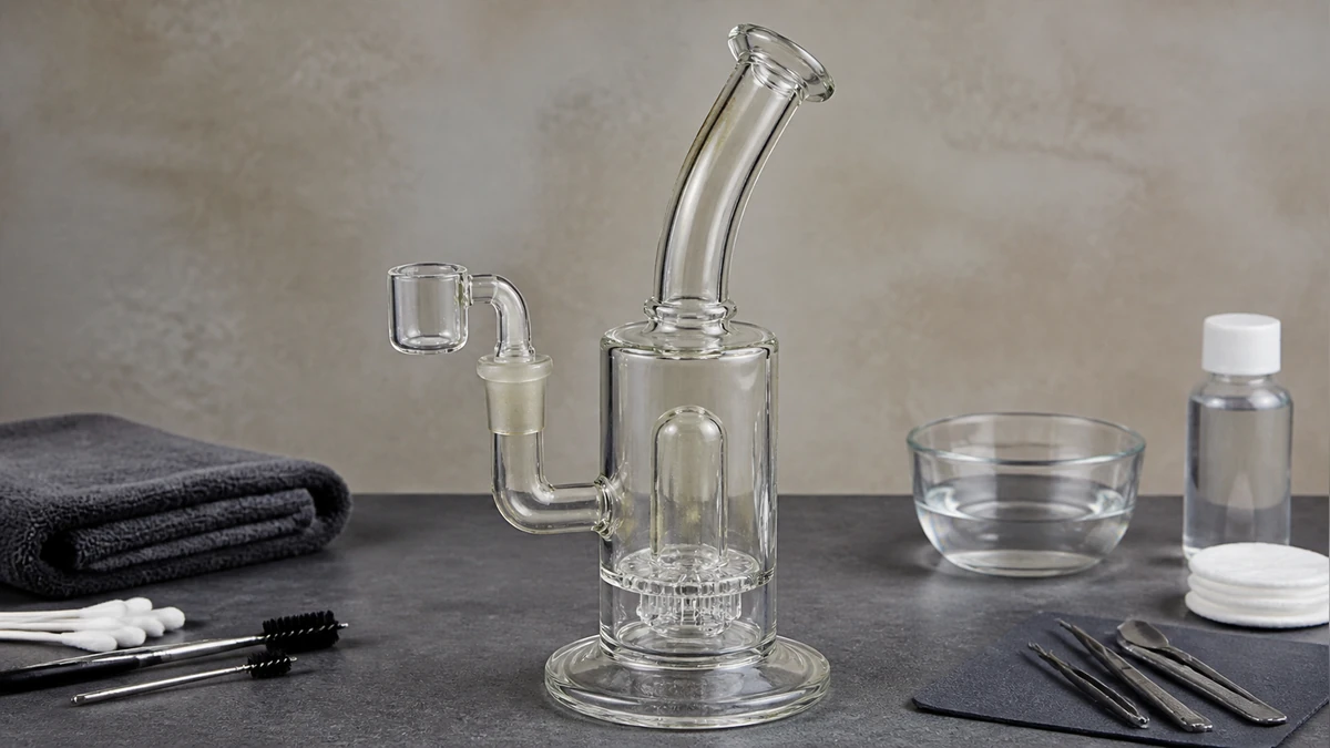 Complete glass rig with subtle residue along the cooling path