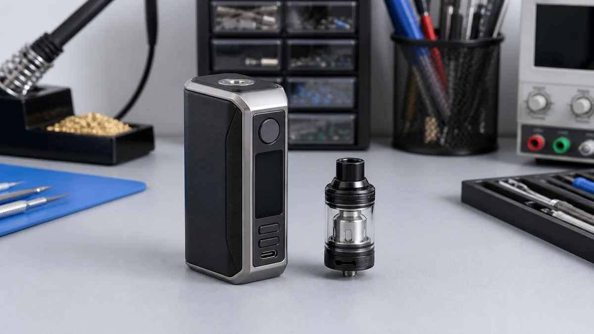Regulated vape mod and compatible tank on an electronics desk