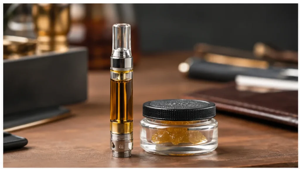 Rosin vape cartridge hardware beside a sealed concentrate jar