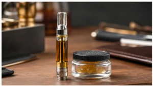 Rosin vape cartridge hardware beside a sealed concentrate jar