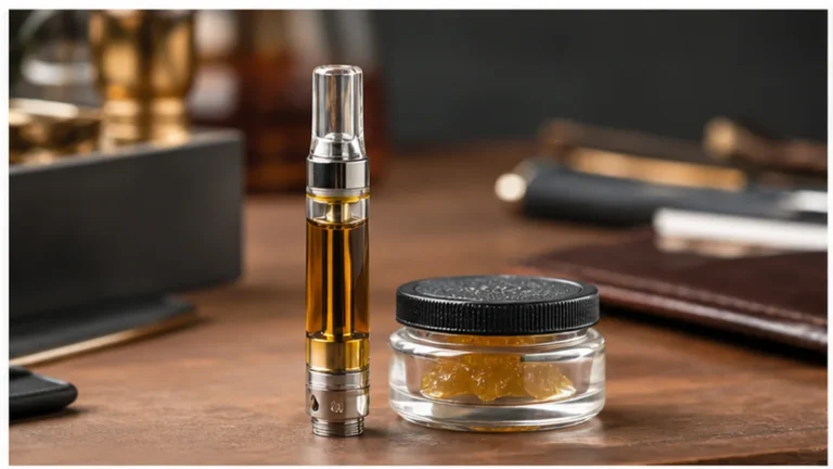 Rosin vape cartridge hardware beside a sealed concentrate jar