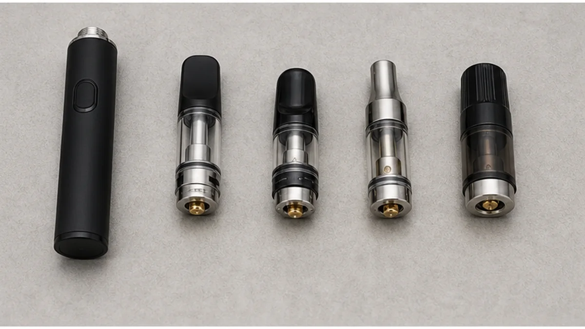 A battery beside several compatible atomizer components