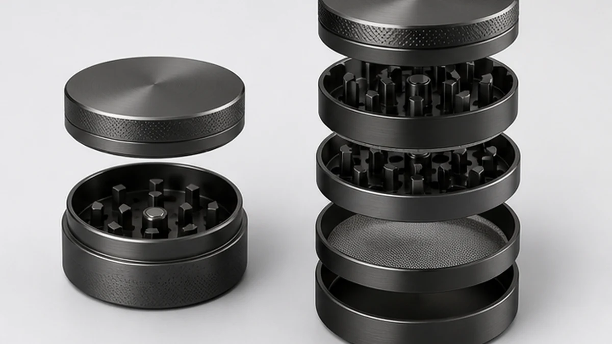 two-piece and four-piece grinders exploded side by side