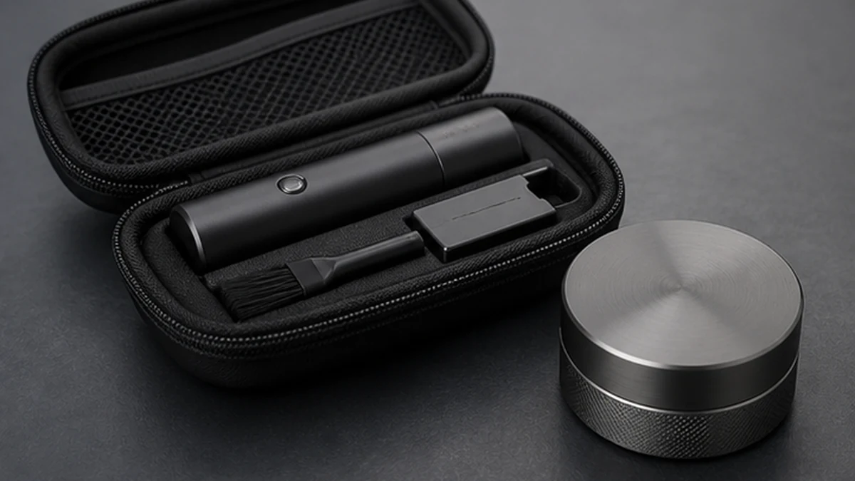 compact grinder stored beside dry-herb vaporizer case