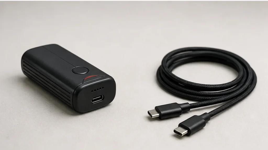 Compact device beside a USB-C charging cable