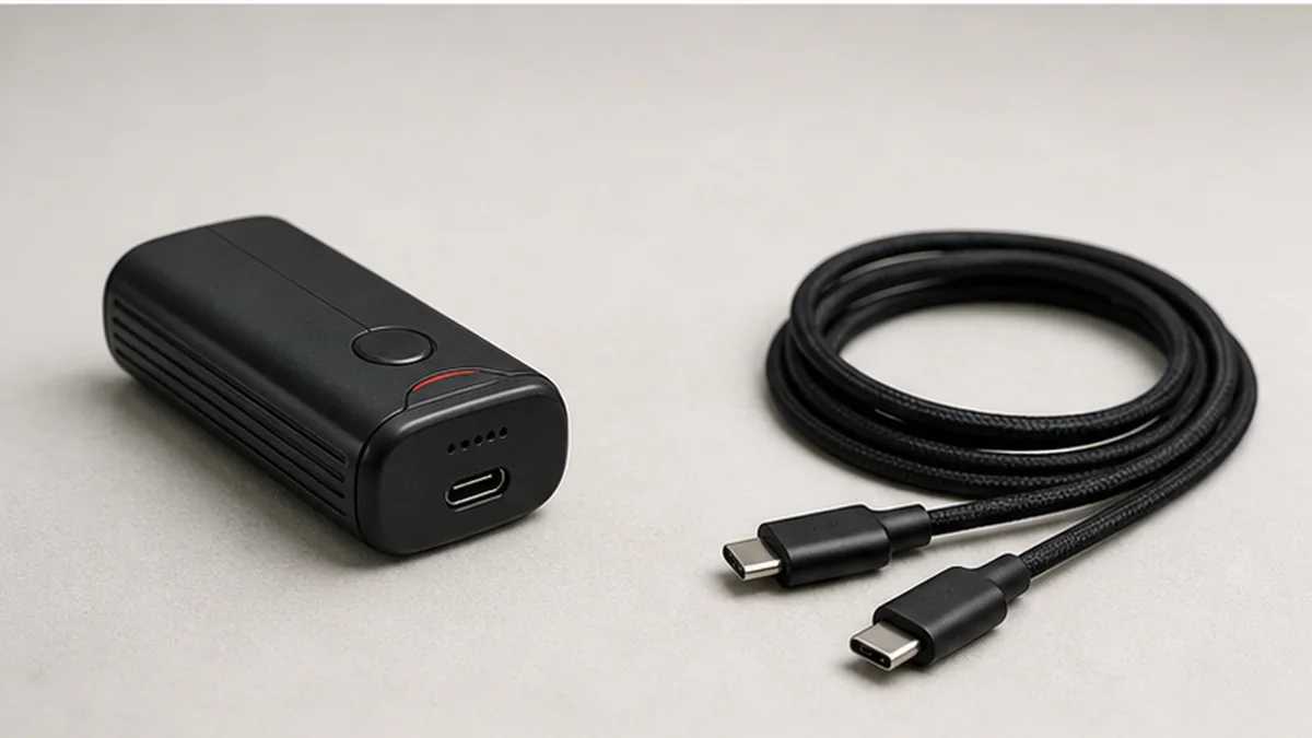 Compact device beside a USB-C charging cable