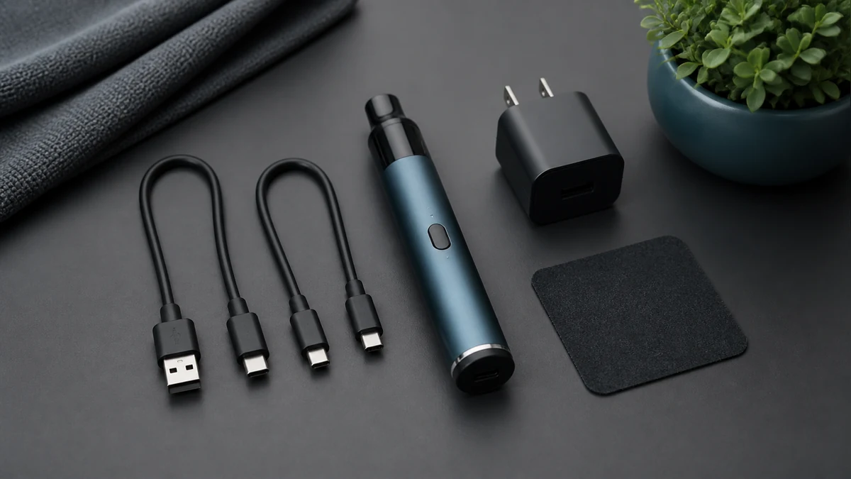 Pen, charging cables and USB source arranged for safe checks