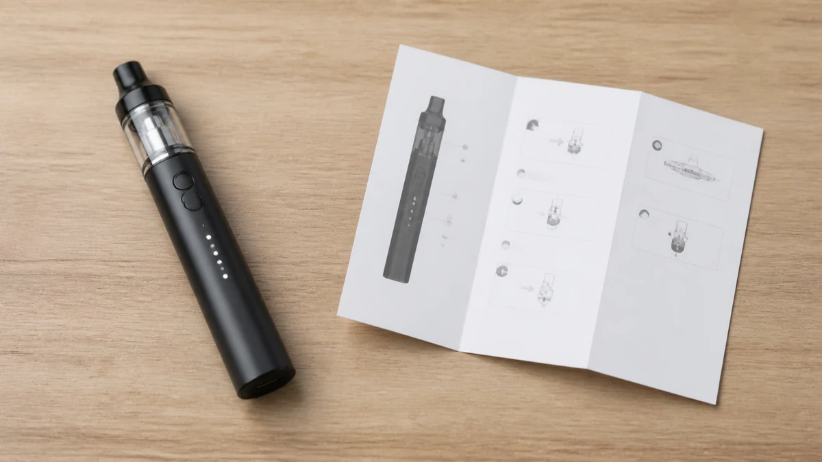 Vape pen beside its product manual for blink-code reference