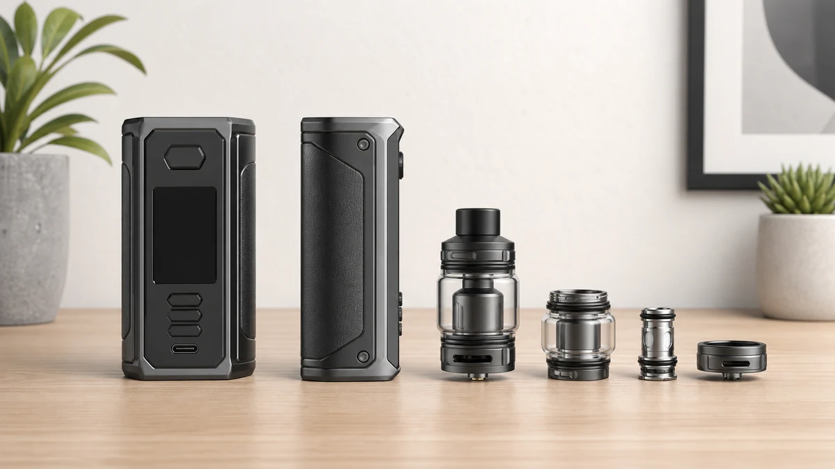 Vape mod body and tank components arranged for inspection