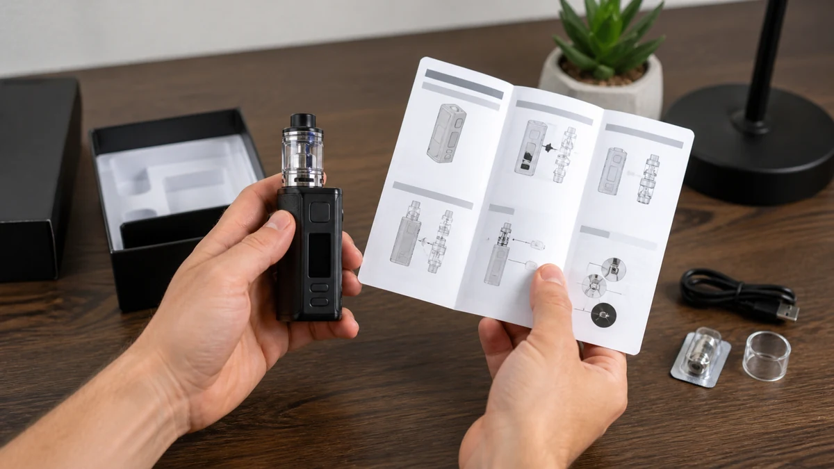 Adult hands comparing a regulated vape mod with its manual